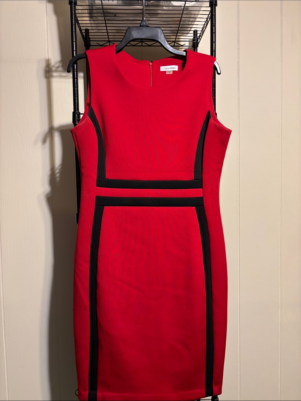 Calvin Klein Red Sheath Dress with Black Paneling